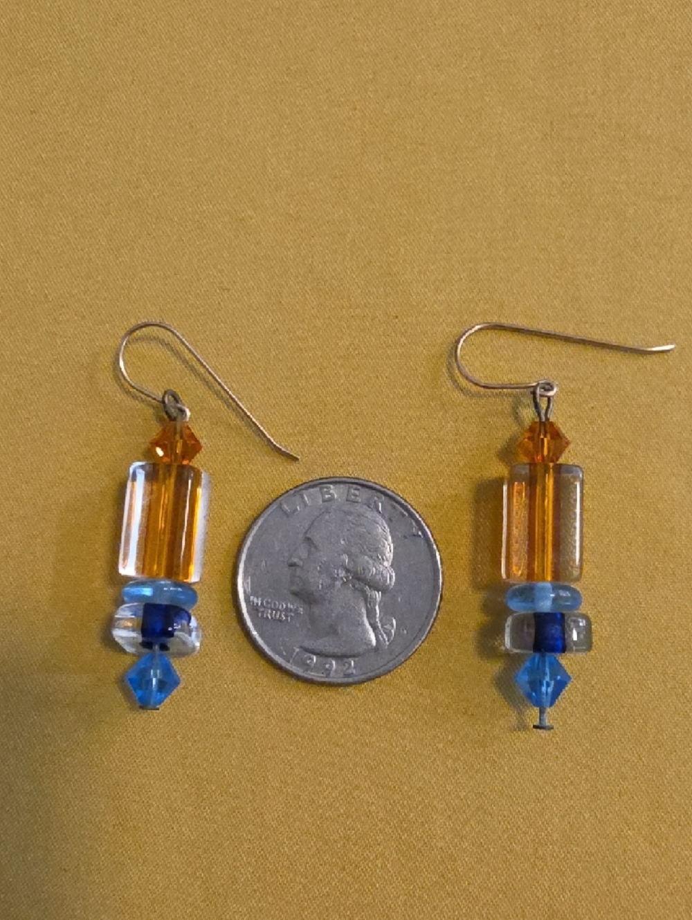 Vintage Handcrafted Blue and Amber Glass Bead Drop Earrings